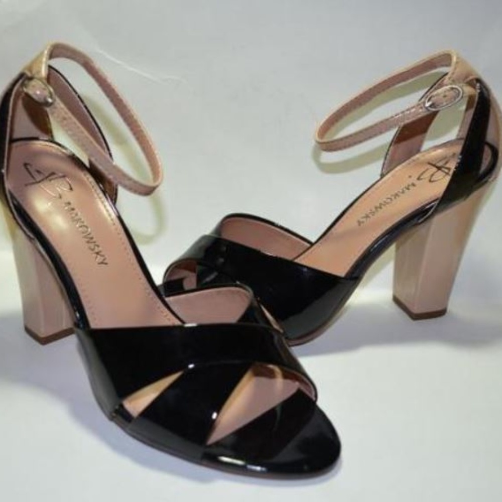B. Makowsky patent Leather Cross Strap Sandals